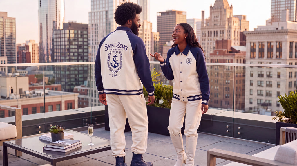 SAINT SEANS Heritage House — The Devotion Crest Baseball Jacket (Navy & Cream)