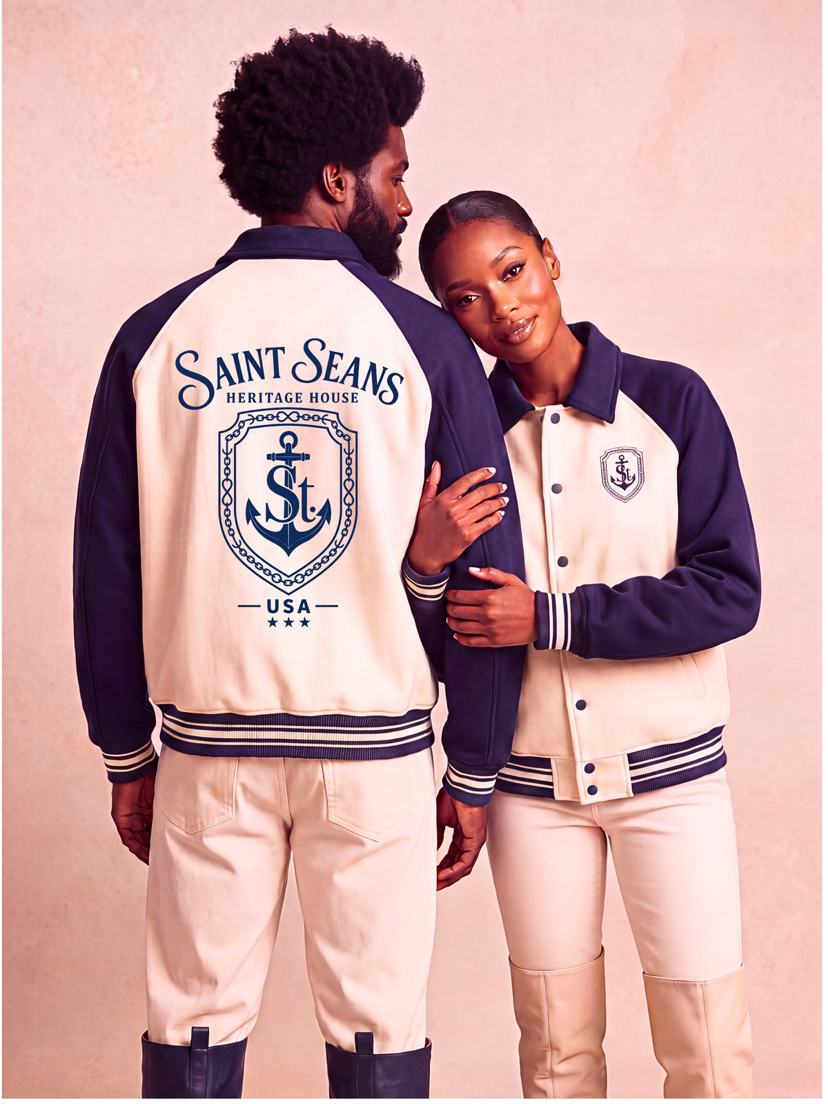 SAINT SEANS Heritage House — The Devotion Crest Baseball Jacket (Navy & Cream)