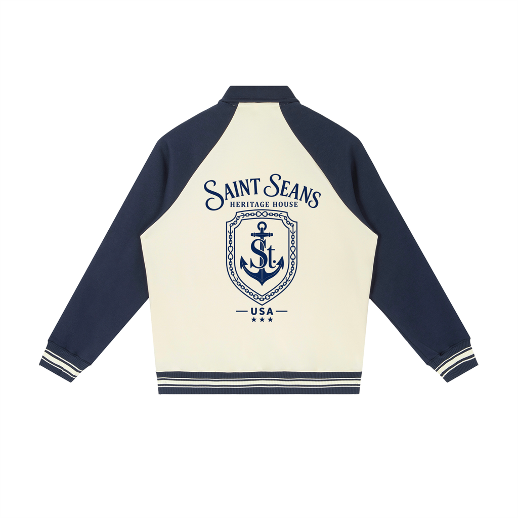 SAINT SEANS Heritage House — The Devotion Crest Baseball Jacket (Navy & Cream)