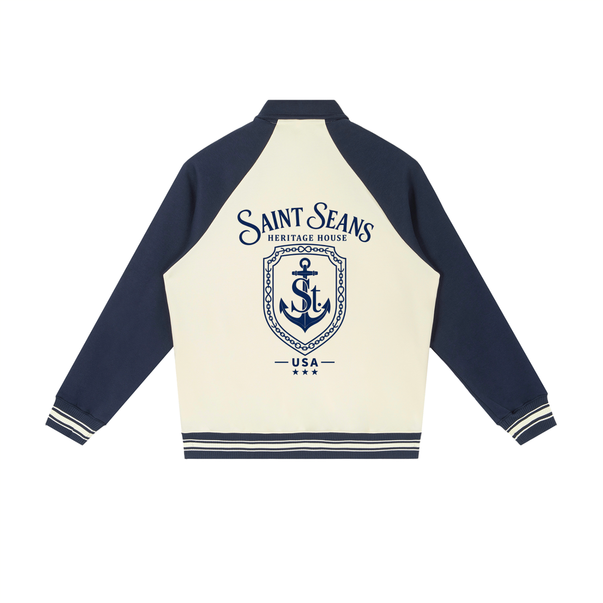 SAINT SEANS Heritage House — The Devotion Crest Baseball Jacket (Navy & Cream)