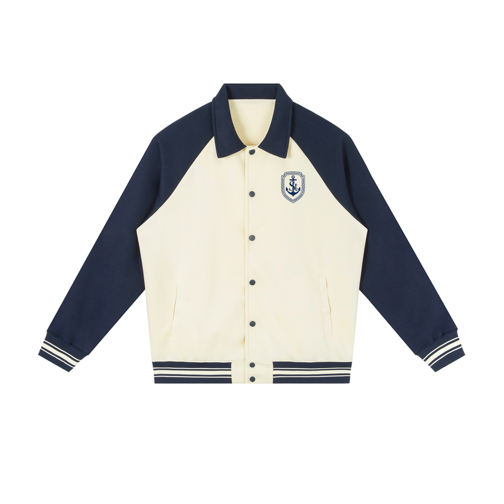 SAINT SEANS Heritage House — The Devotion Crest Baseball Jacket (Navy & Cream)