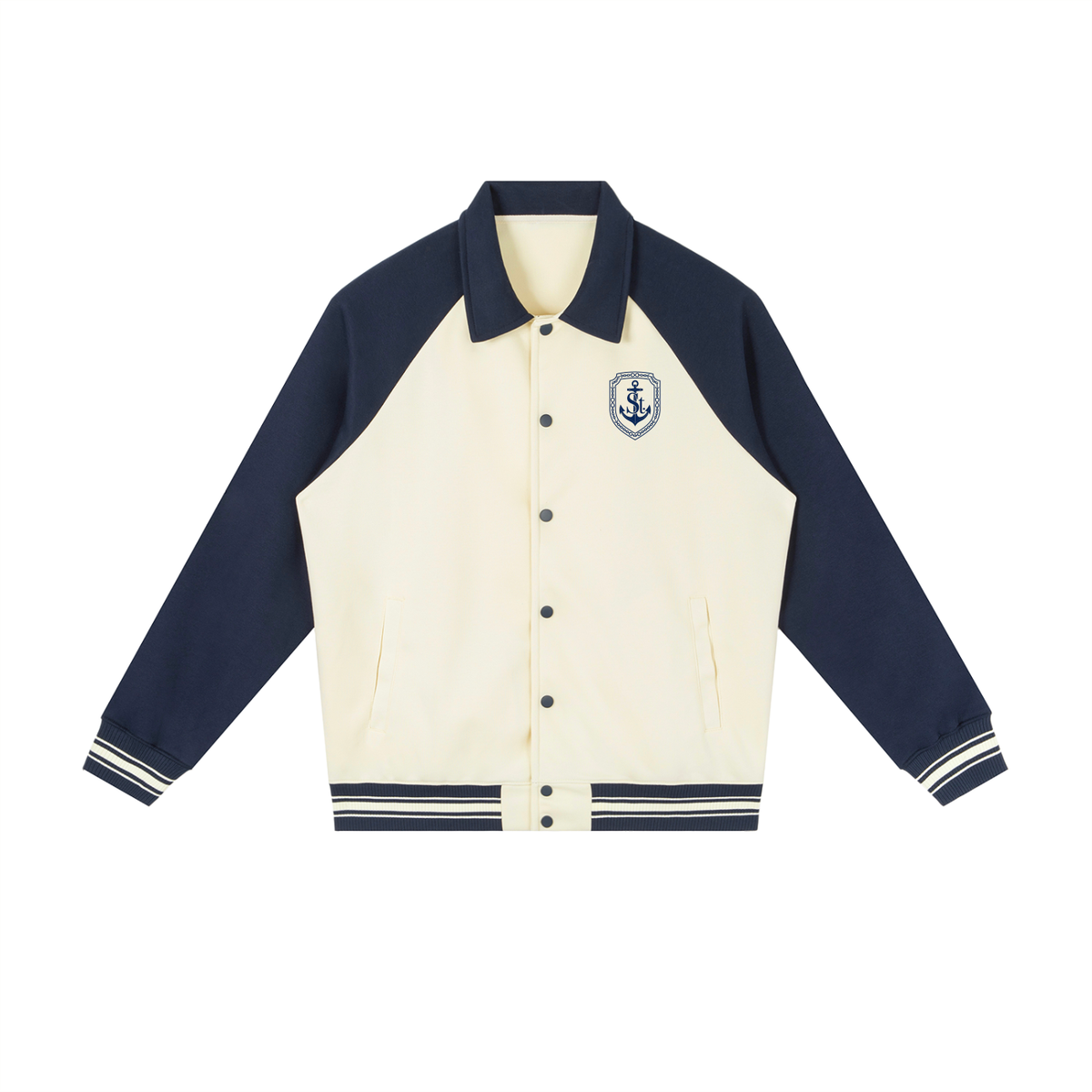 SAINT SEANS Heritage House — The Devotion Crest Baseball Jacket (Navy & Cream)