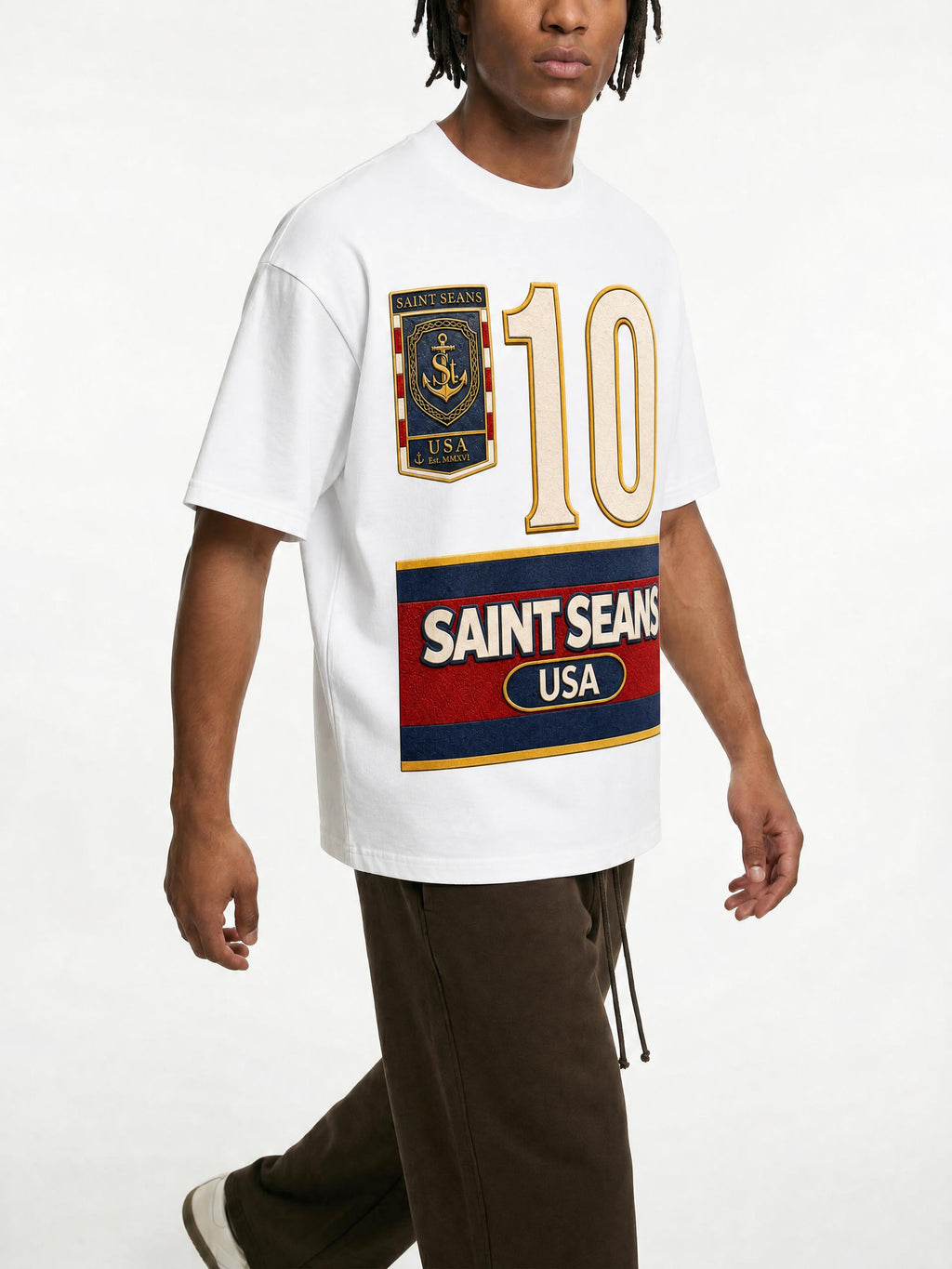 SAINT SEANS MARITIME ATHLETICS – SMITH 10 DROP SHOULDER TEE (WHITE)