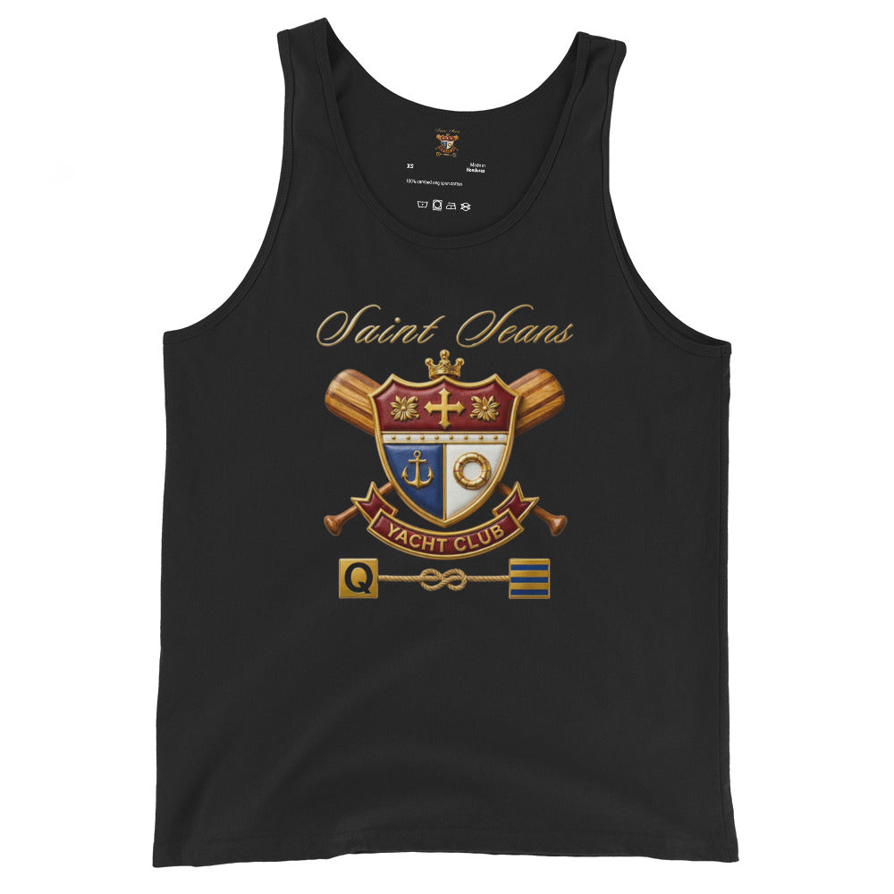 The Saint Seans Yacht Club crest tank in black or white. Heritage maritime athletics from Panama City, Florida. 100% combed ring-spun cotton.